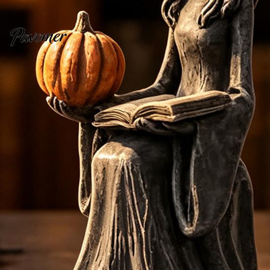 Artistic Resin Crafts Halloween Witch Statue, Gothic Figurine with Pumpkin And Book, Matte Black Themed Gifts Sculpture, Mantel Shelf Desk Decor,