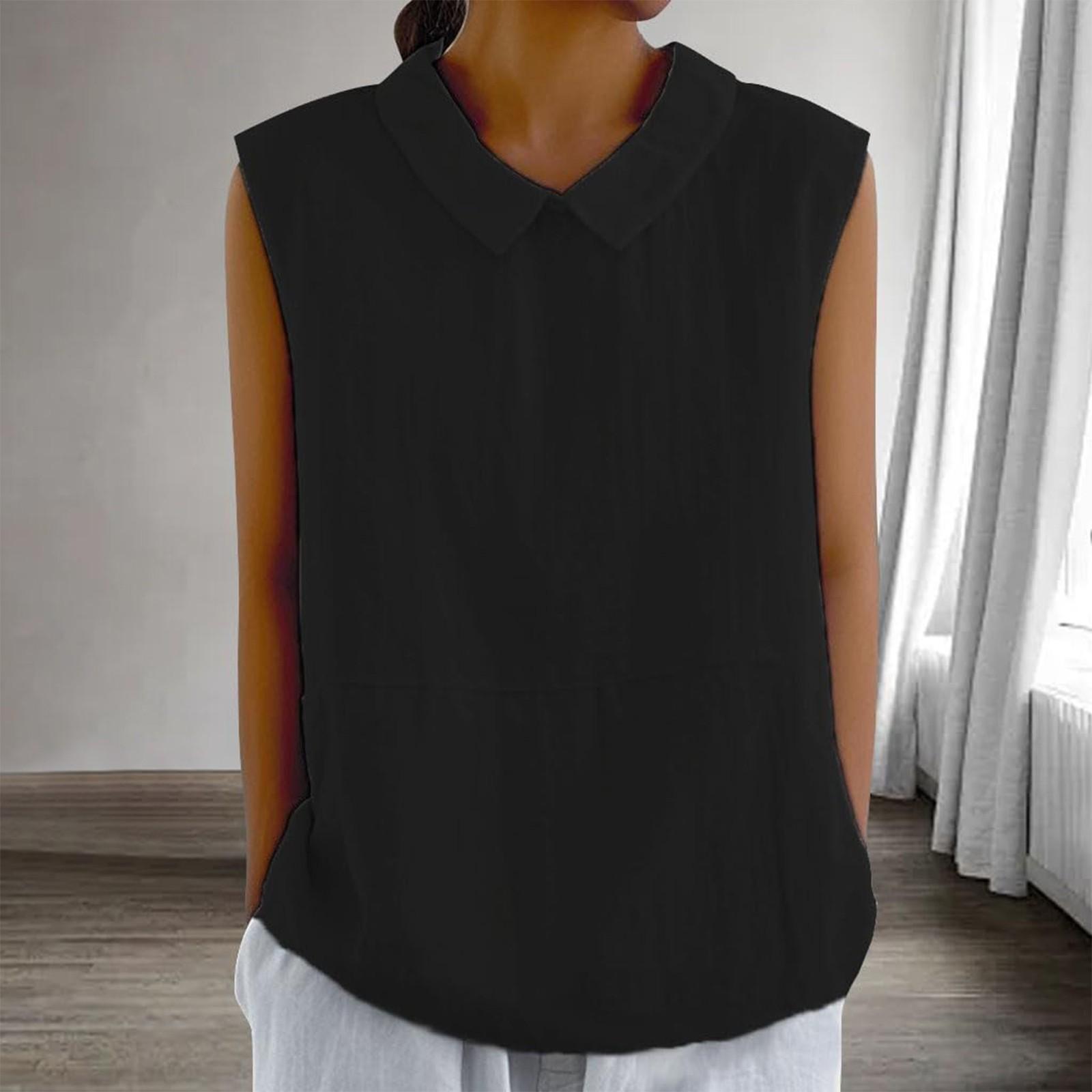 

Женская мода однотонный воротник без рукавов пуловер рубашка топ XXL чёрный