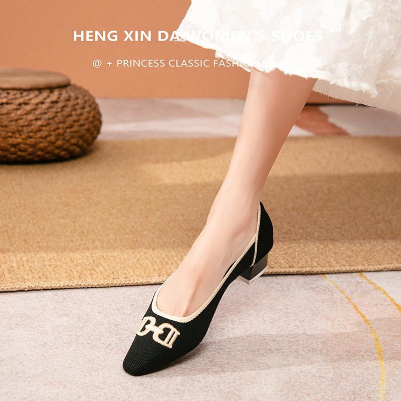 Coarse heel single shoes women's shoes knitted spring and autumn embroidery Japanese medium heel flying knitting temperament high heel