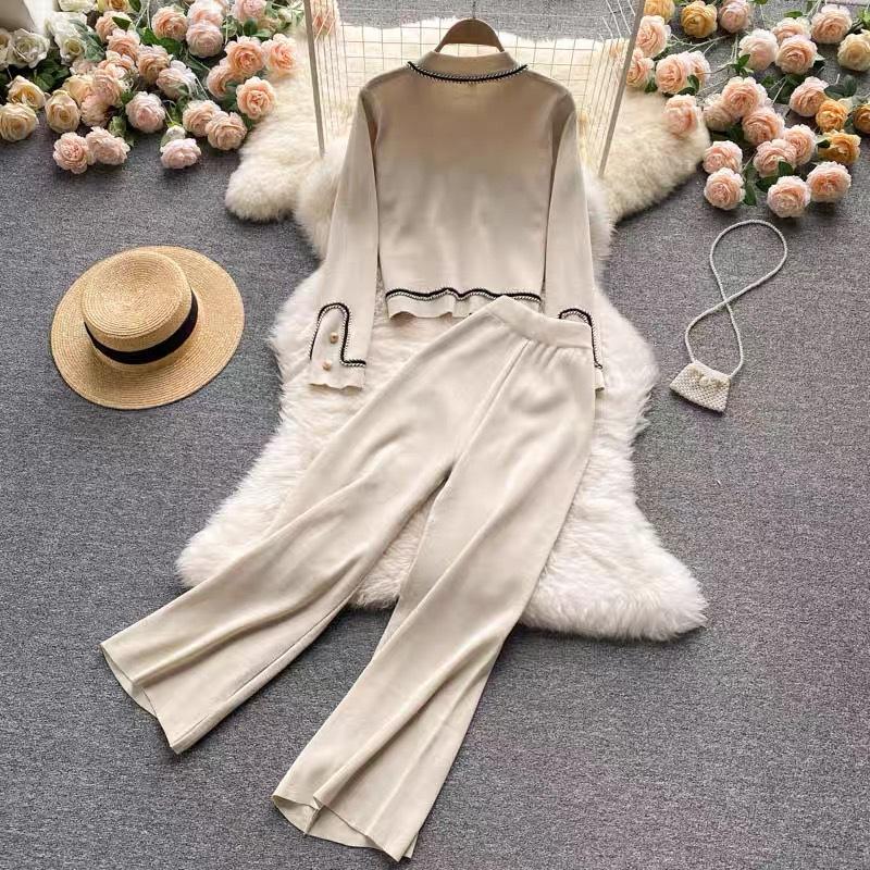 Women Knitted Sweater Two Pieces Sets X Cropped Knitwear Cardigan Conjuntos High Waist Ankle Length Wide Leg Pants Suits