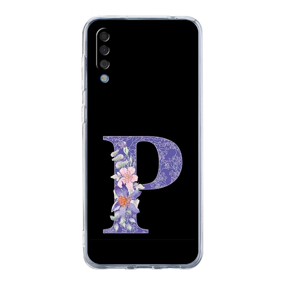 Case For Samsung A56 A36 A26 A16 A14 A12 A22 A32 5G A34 A42 A52 A54 A50 A70 A40 A20E A04S A06 Cover Initial Letter Purple Flower