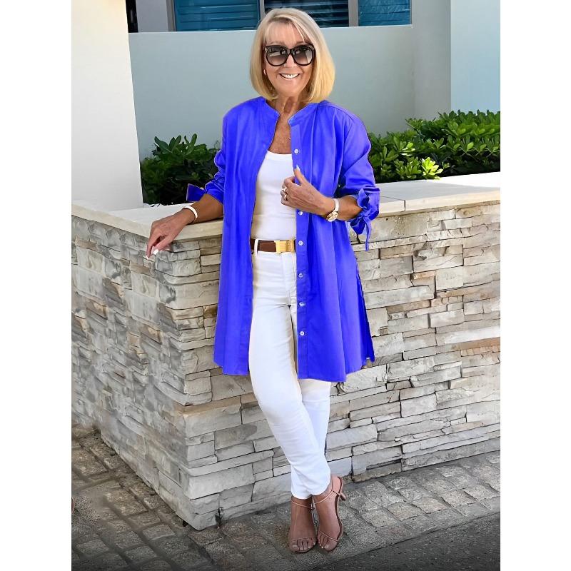 VEZFAA Kadın Modası Rahat İlkbahar Sonbahar Düz Renk Baskılı Uzun Kollu O-Yaka Bluzlar ve Gömlekler