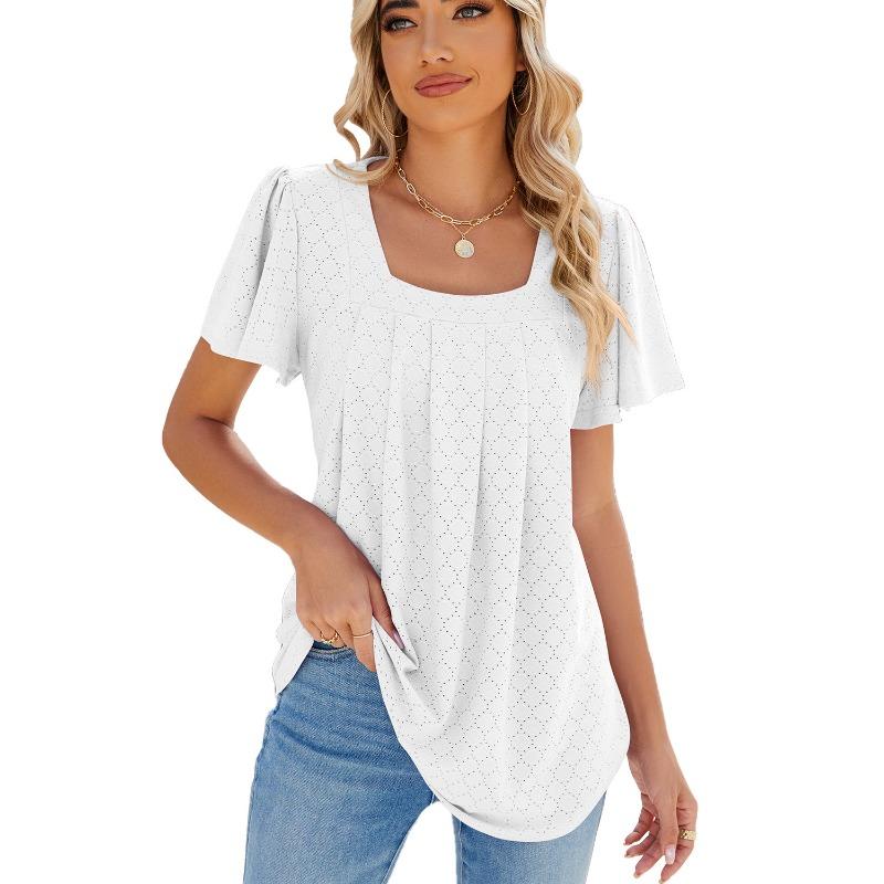 Spring Summer Solid Color Square Neck Pleated Short Sleeved Loose T-shirt Top for Women Shirt