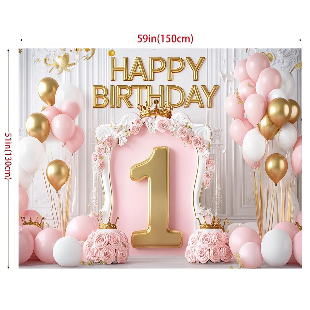 1pcs Pink and Gold Crown Rose Balloon Theme Happy Birthday Banner for 1 Year Old Kids