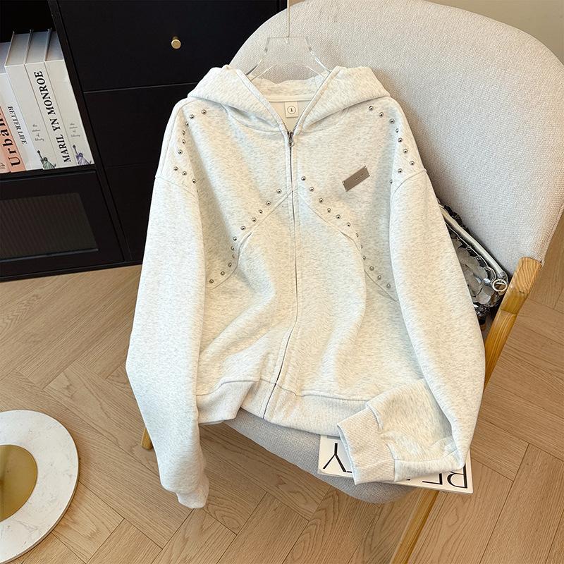 White gray sweater women s autumn thin rivet embroidered zipper cardigan jacket new top 4