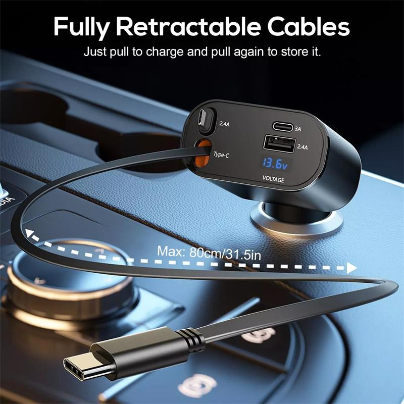 120W 4 In 1 Retractable Car Charger Usb C For Iphone Xiaomi Huawei Samsung Fast Charging Cable Cigarette Lighter Adapter