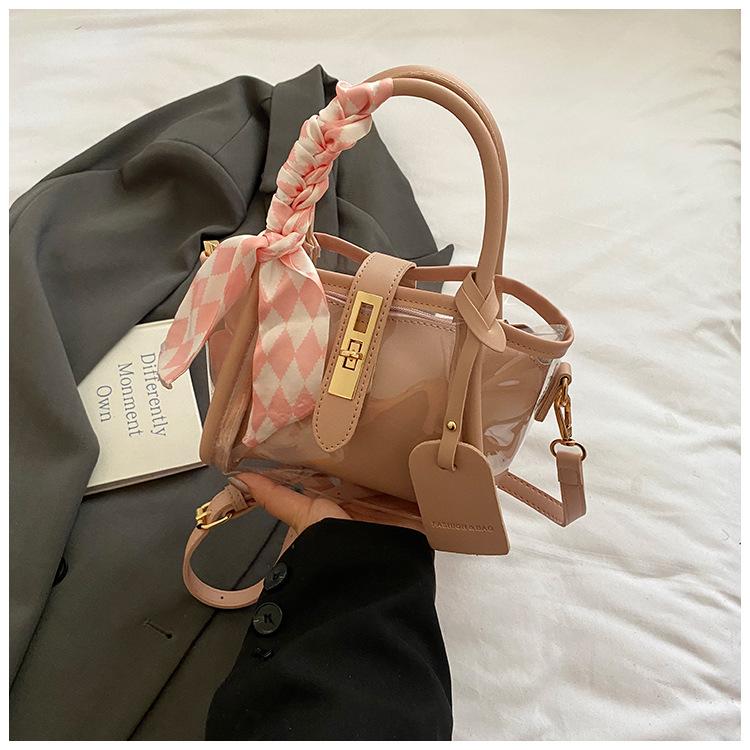 

Summer new fashion trendy fashion transparent jelly bag Korean version shoulder messenger bag mother bag bucket bag рожевий