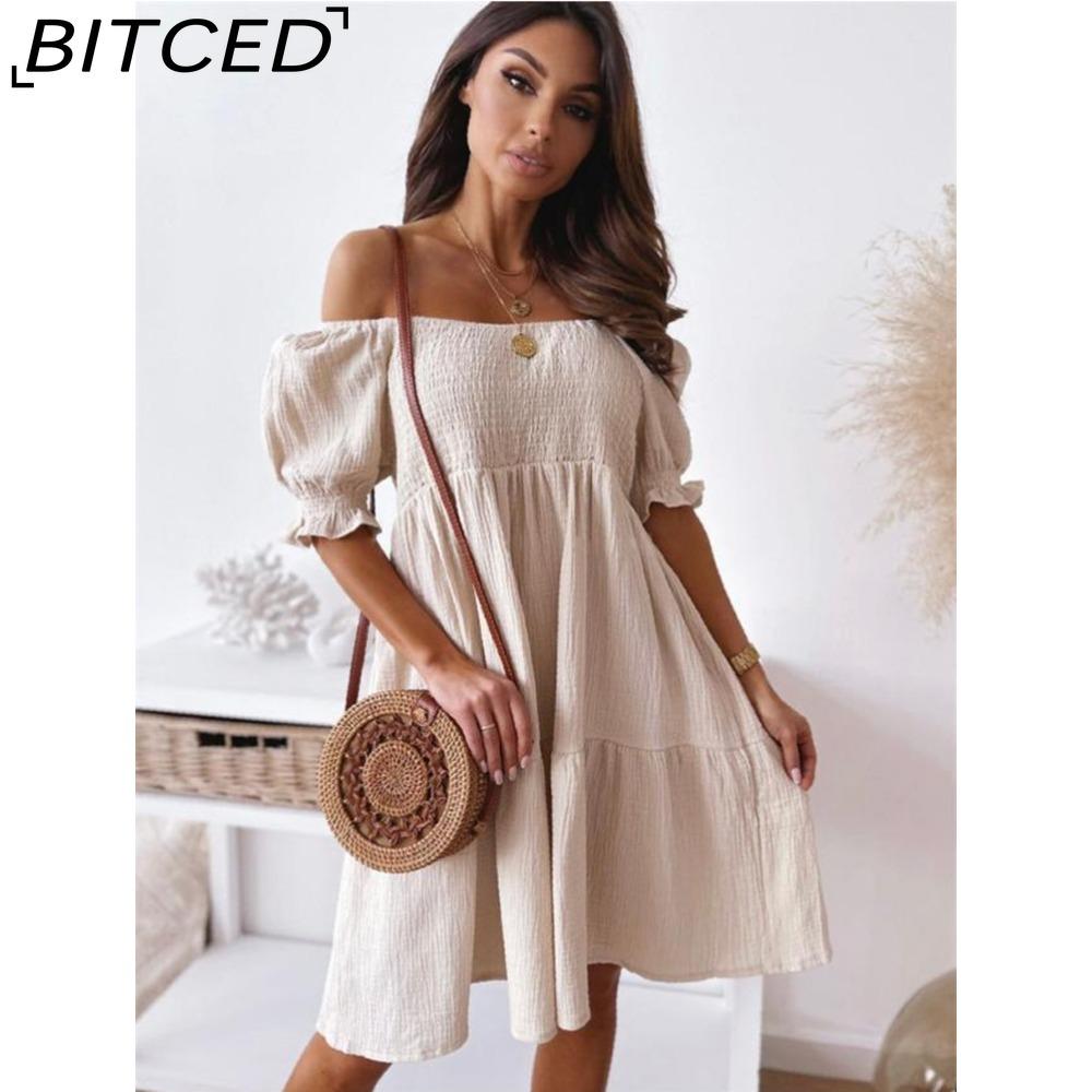 

BITCED Сексуальное платье с разрезом на шее, женское летнее плиссированное платье с рукавами-фонариками и открытой спиной, пляжное платье для вечеринок, женское элегантное однотонное платье длиной до колена M бежевый