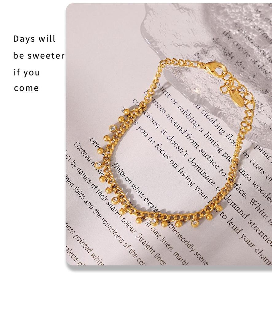 18K Gold-Plated Titanium Steel Necklace & Bracelet Set with Round Bead Spacer & Diamond Tassel
