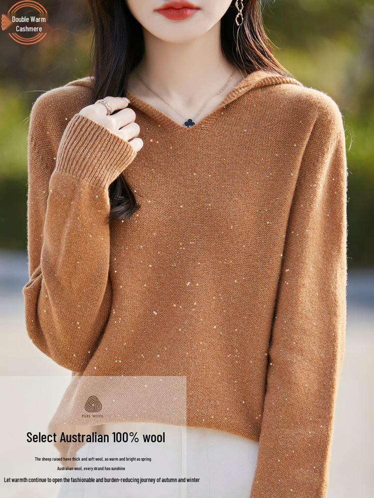 Women's Pure Wool Sequin Knit Hooded Sweatshirt: Autumn/Winter Seven-Stitch Loose Hoodie