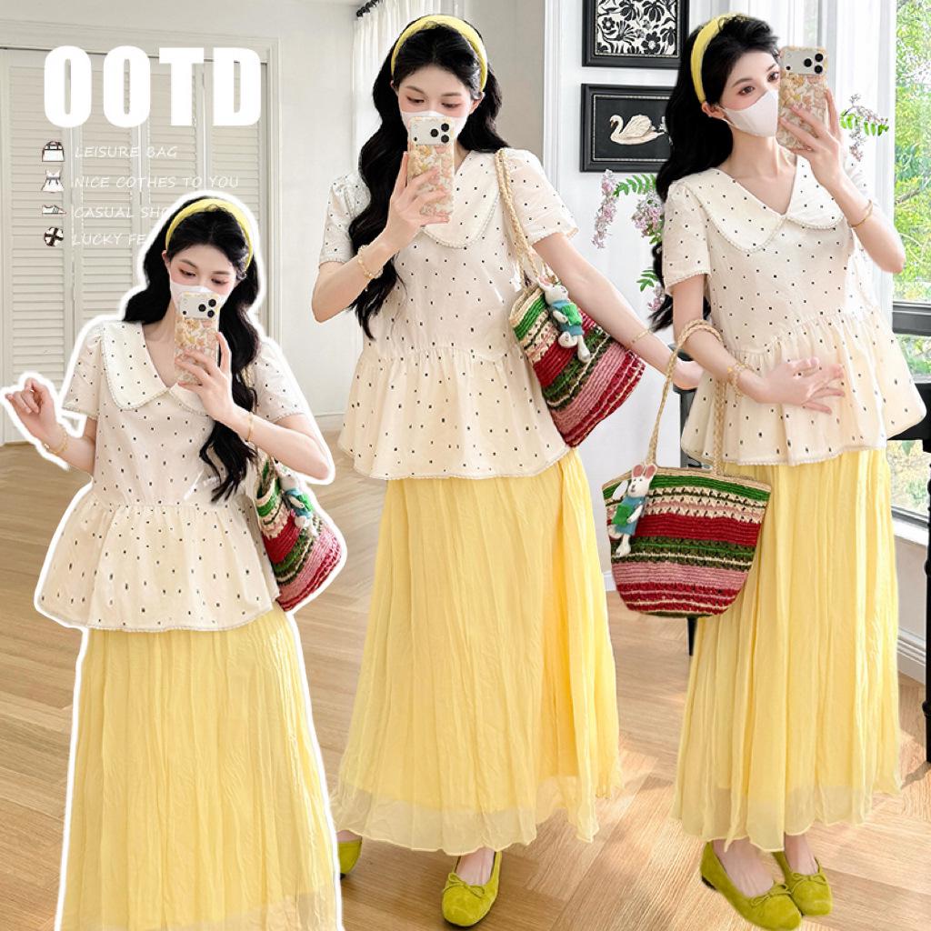 Summer 2026 Polka Dot Doll Collar Puff Sleeve Top + Pleated Drawstring Skirt Set L