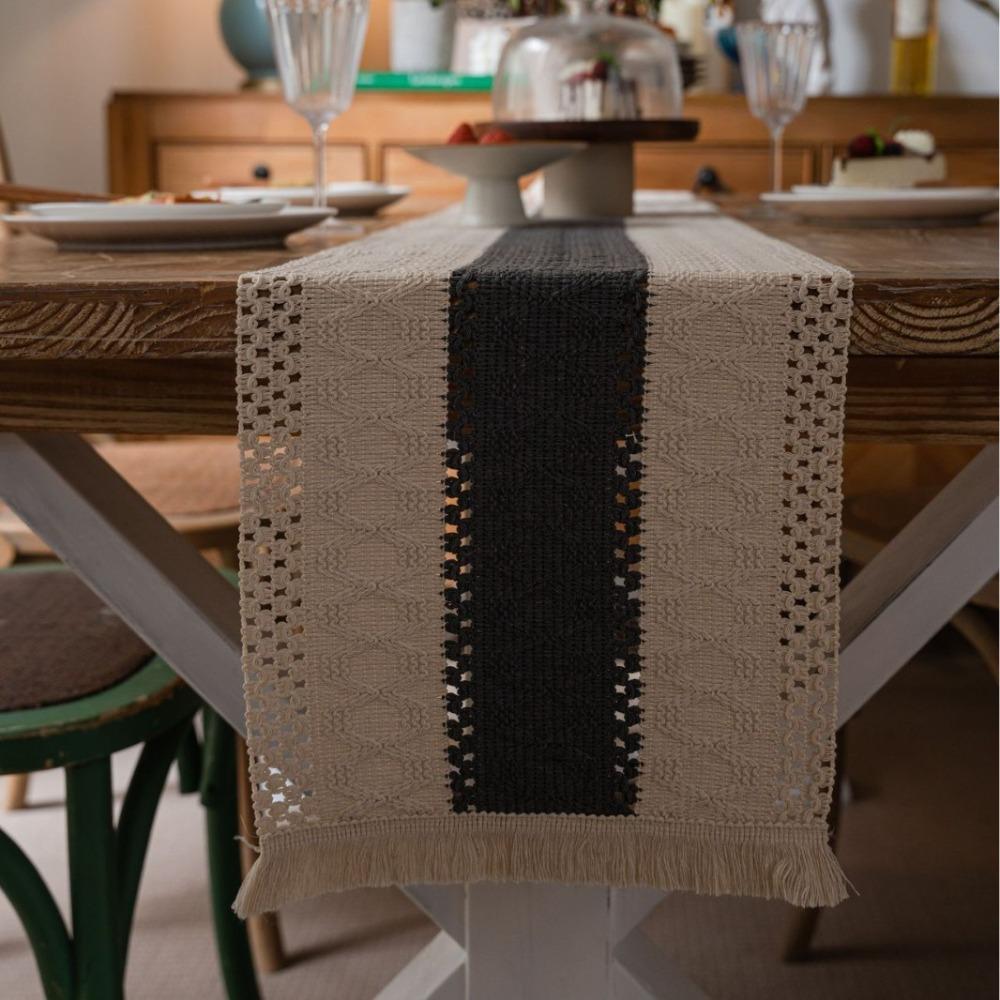 Vintage Style Christmas Table Runner with Long Fringe Khaki Woven Jacquard Wave Design for TV Cabinet Decor