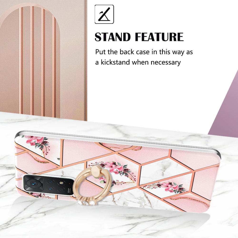Ring Bracket Golden Border Grid Marble Flower IMD Ultrathin Phone Case for Xiaomi Redmi Note 11S,Note 12 Pro 4G,Xiaomi 11T,Redmi 10,Poco X3 NFC...