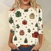 Women's Fashion Casual Round Neck Three-quarter Sleeve Christmas Print T-shirt Top