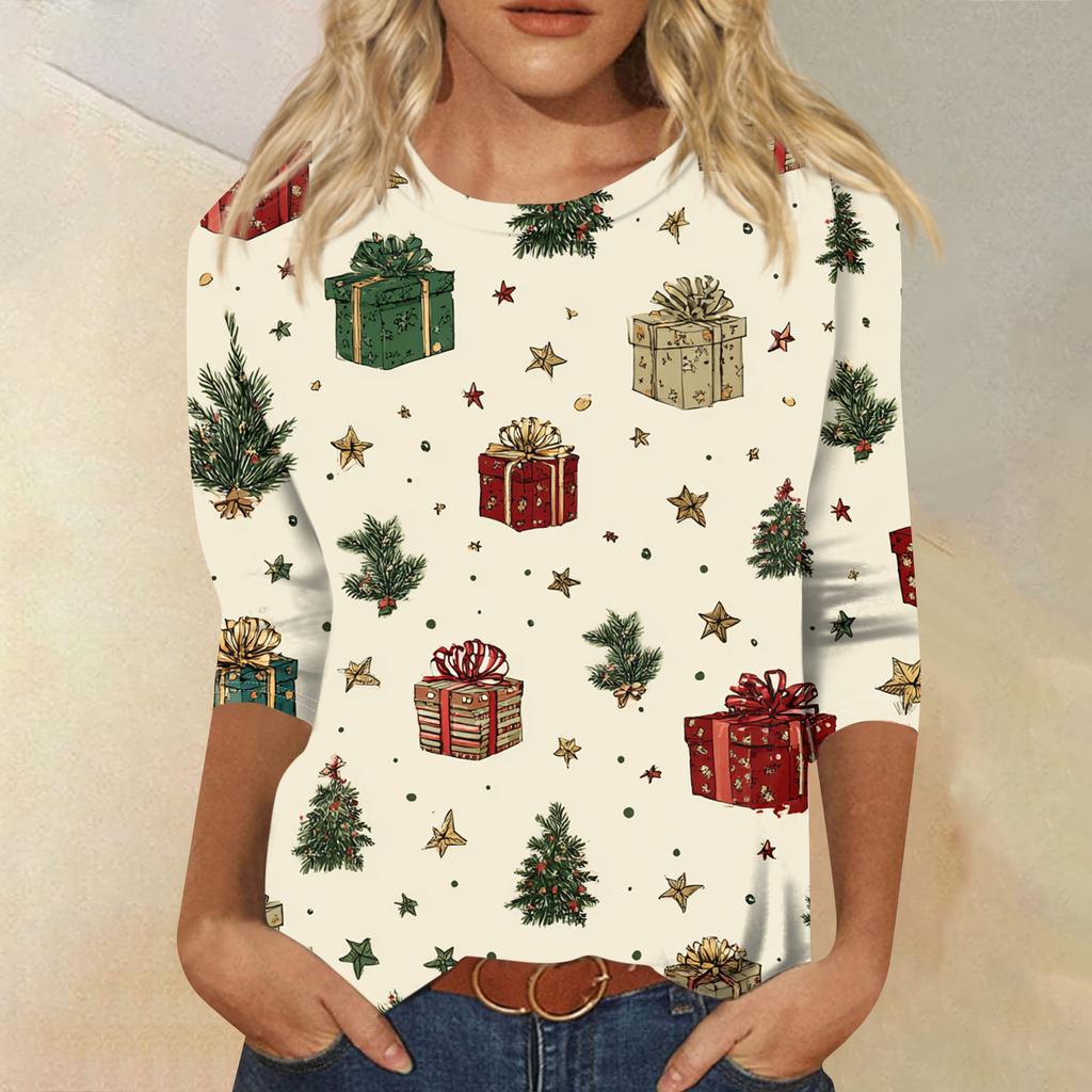 Women's Fashion Casual Round Neck Three-quarter Sleeve Christmas Print T-shirt Top
