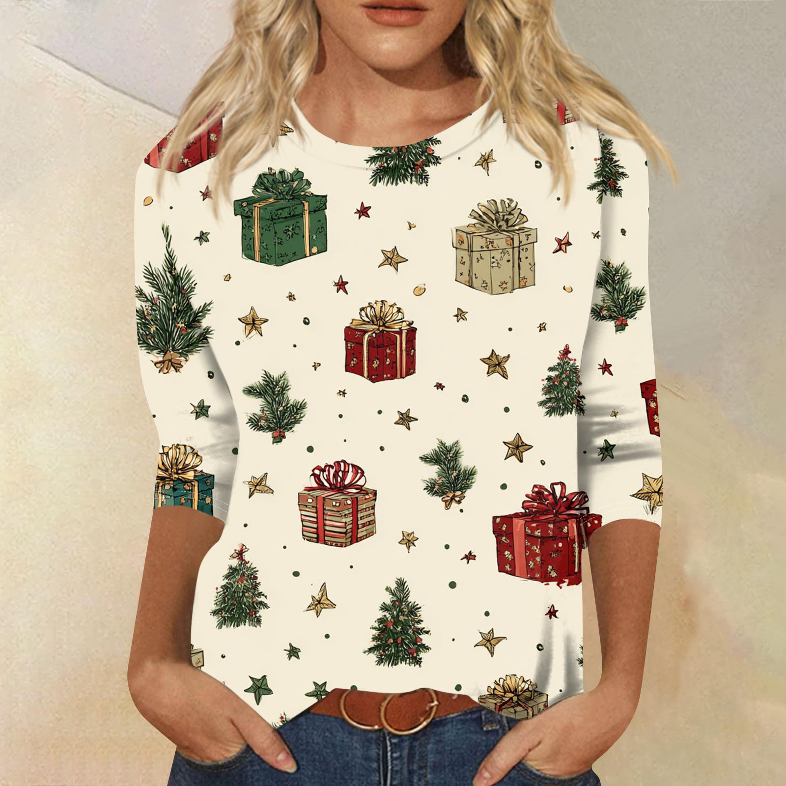 

Women s Fashion Casual Round Neck Three-quarter Sleeve Christmas Print T-shirt Top L бежевий