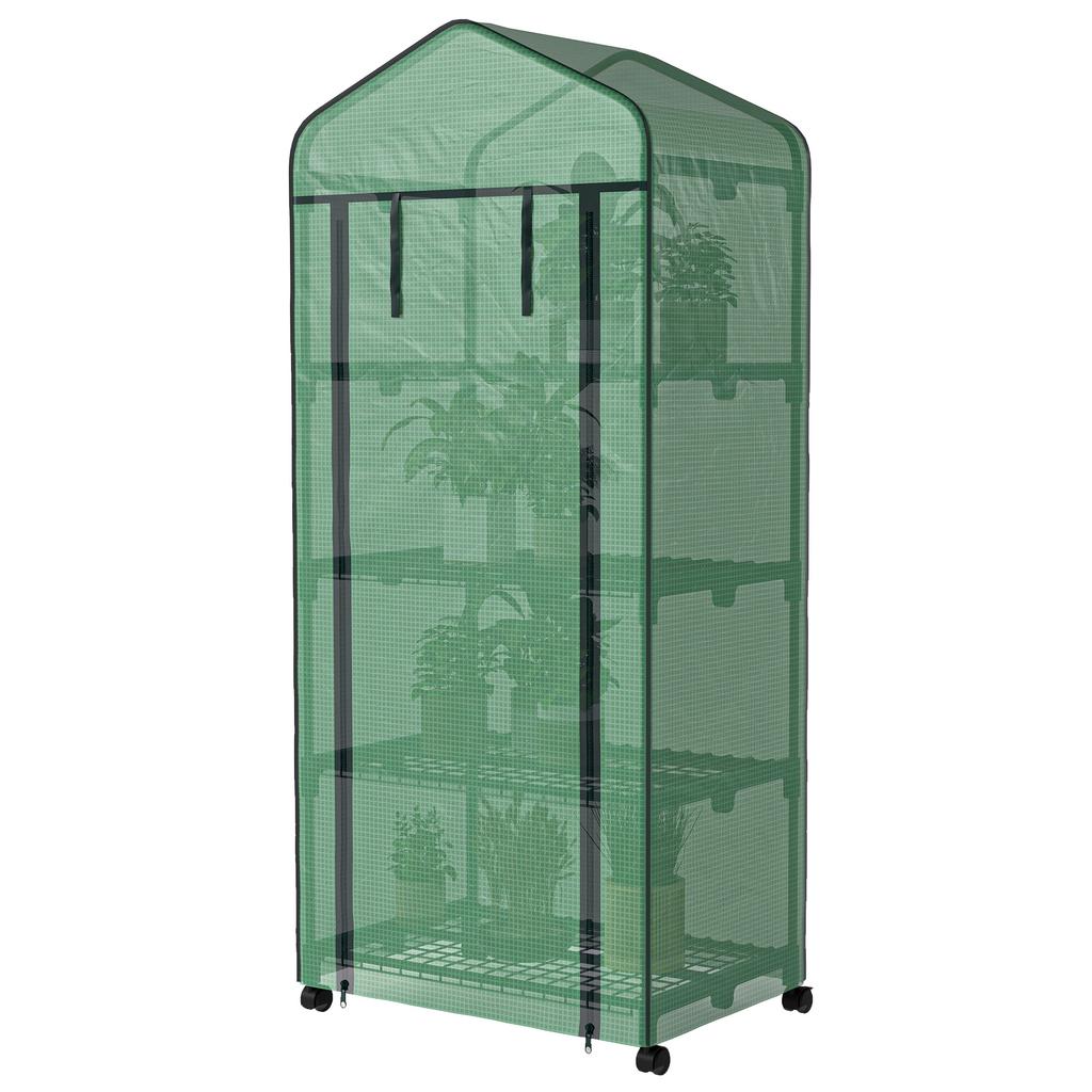 4 Tier Mini Portable Greenhouse Compact Plant Grow Shed Metal Frame PE Cover with Lockable Rolling Wheels , Green