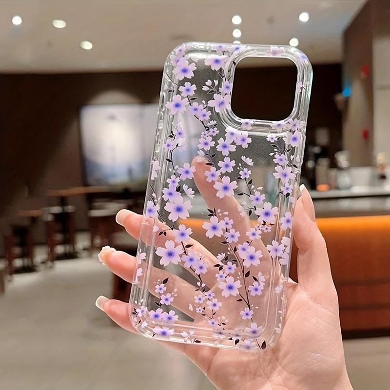 Transparent Purple Flower Branch Apple 15 Mobile Phone Case Iphone14promax Soft Rubber 13/12/11 All-inclusive Anti-drop X/xr