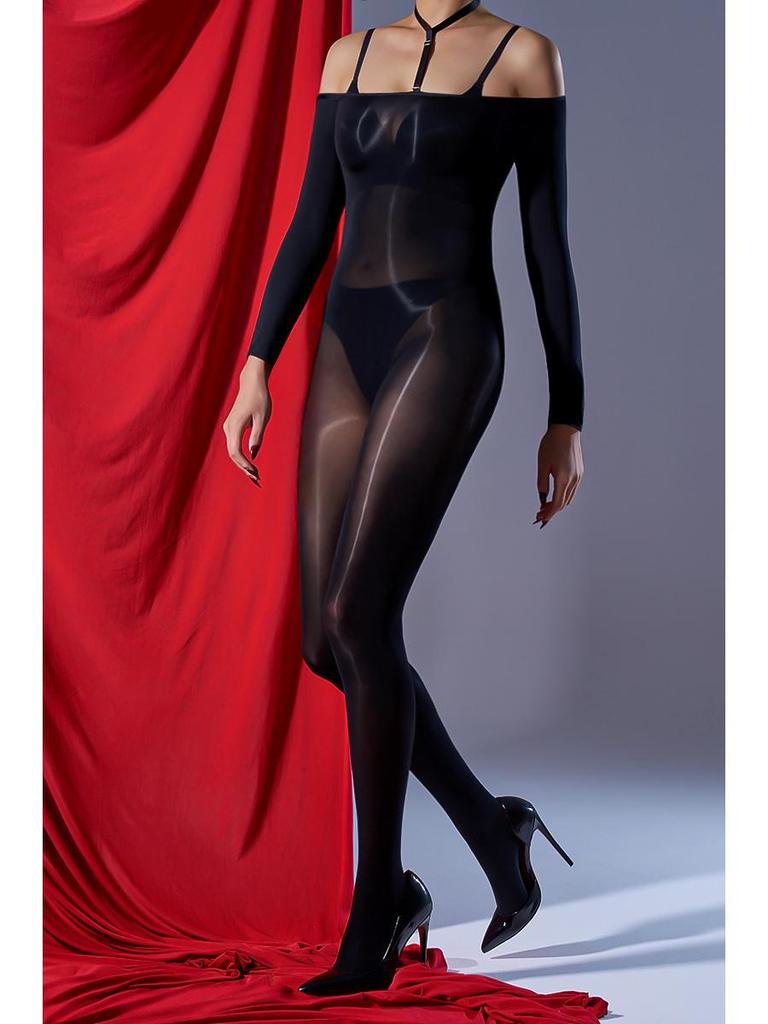 Little Matchmaker One-Shoulder Shiny Full Bodysuit with Ultra-Thin Anti-Snag Silk Horse Oil Socks