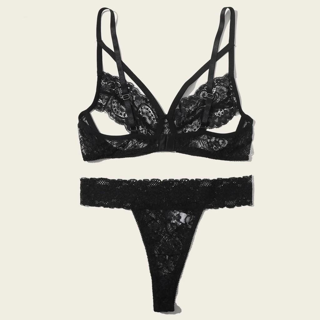 Nytt Kvinner Plus Size Blondeundertøy BH+Thong Undertøysett Svart natttøy