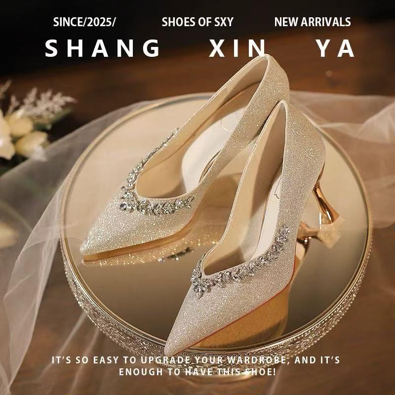 Classic Ankle Strap Sandals Woman Slides Wedding Thin High Heels Shoes Women Bling Bright Diamond Pointed Toe Summer Sandals