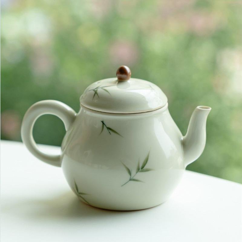 Chinese Handmade Bamboo Leaf Teapot Retro Ceramic Beauty Tea Pot Ball Hole Filter Porcelain Kettle Household Tea Set 160ml