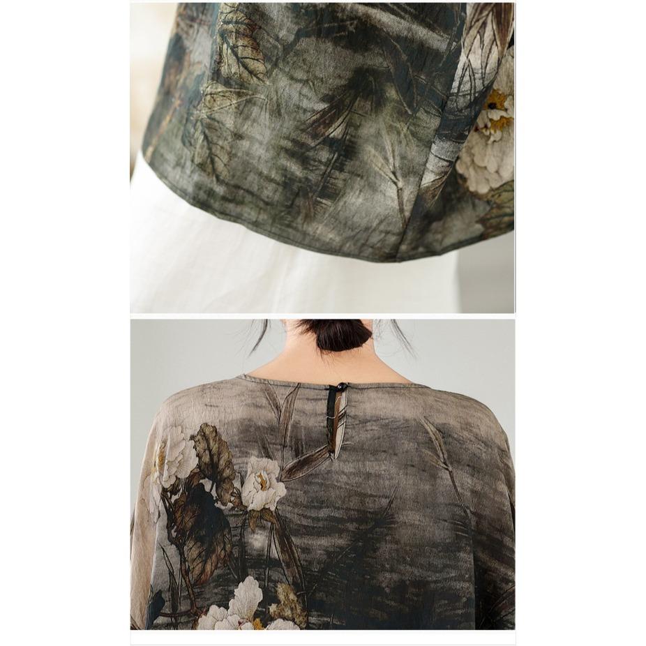 Ethnic Style Summer Cotton Linen Blouse Ethnic Style Bat Sleeve Loose Large Round Neck Comfortable T-shirt for Women