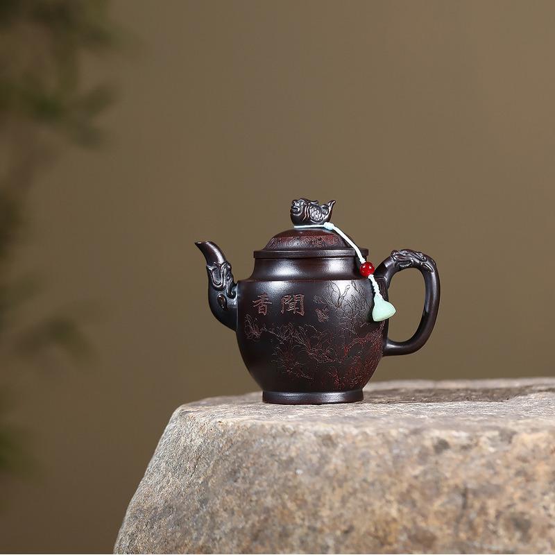 

260ml Yixing Purple Clay Teapots Handmade Palace Lantern Pot Raw Ore Antique Brass Mud Tea Soaking Kettle Infuser Zisha Tea Set