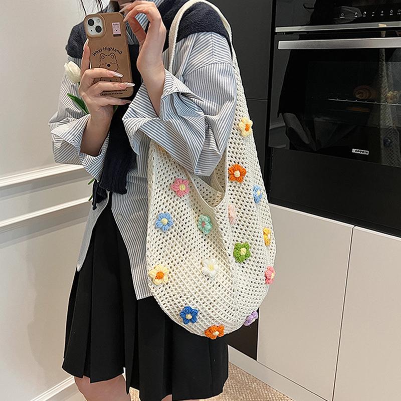 Women Flower Knitted Shoulder Bag  Handbag Lightweight Crochet Tote Bag Casual Top Handle Bag Outdoor Travel Bag