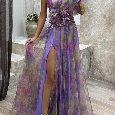 Damen Ein-Schulter-Abendkleid Floral Netz Maxikleid Hoher Schlitz Elegant Party Hochzeitsgast Abschlussballkleid