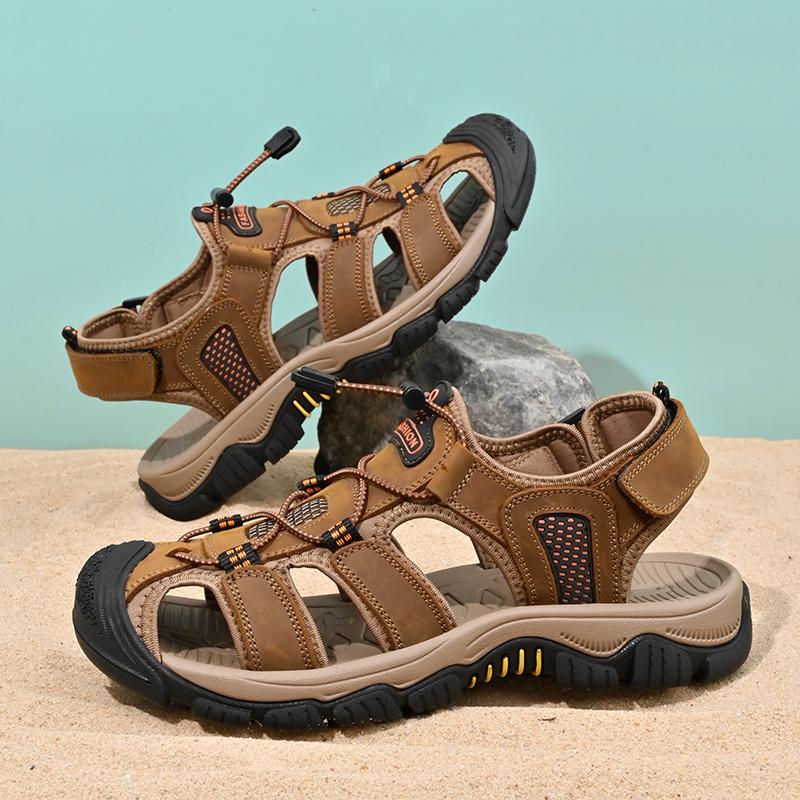 

Fashion Anti-collision Toe Man Sandals 2025 New Roma Flats Vintage Style Men Summer Shoes Leather Men s Sandals Outdoor Male Beach Shoes 44 коричневый