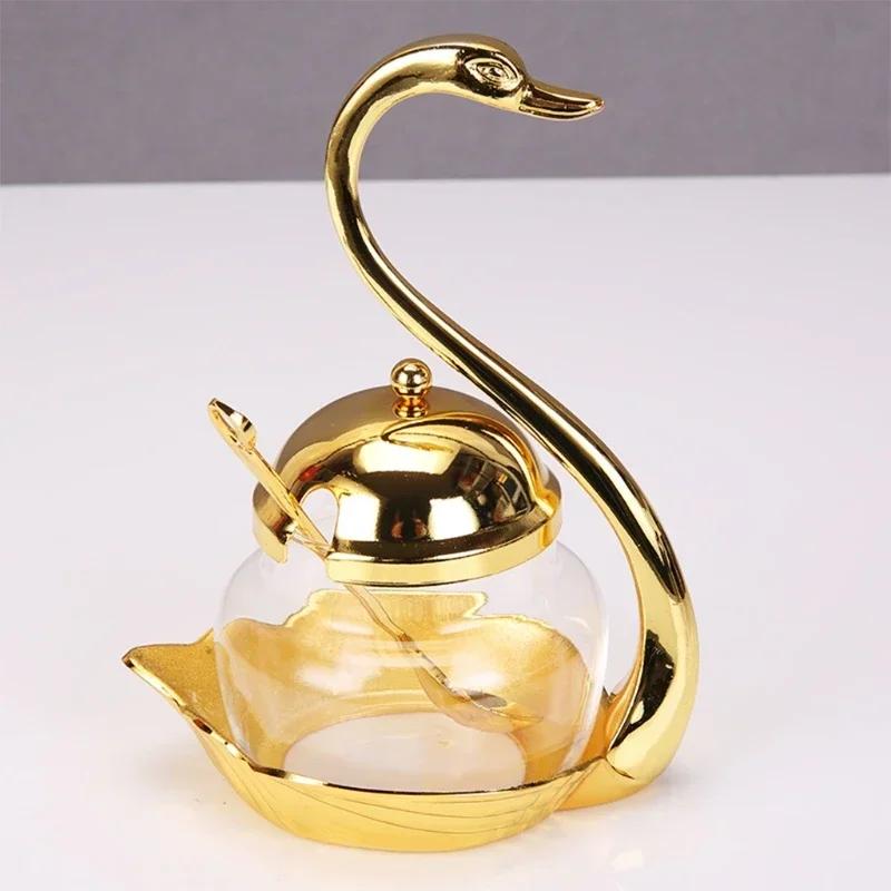 Alloy Condiment Pot Seasoning Container Spice Glass Jar Salt Sugar Bowl Pepper Coffee Storage Organizer Swan Rack Set