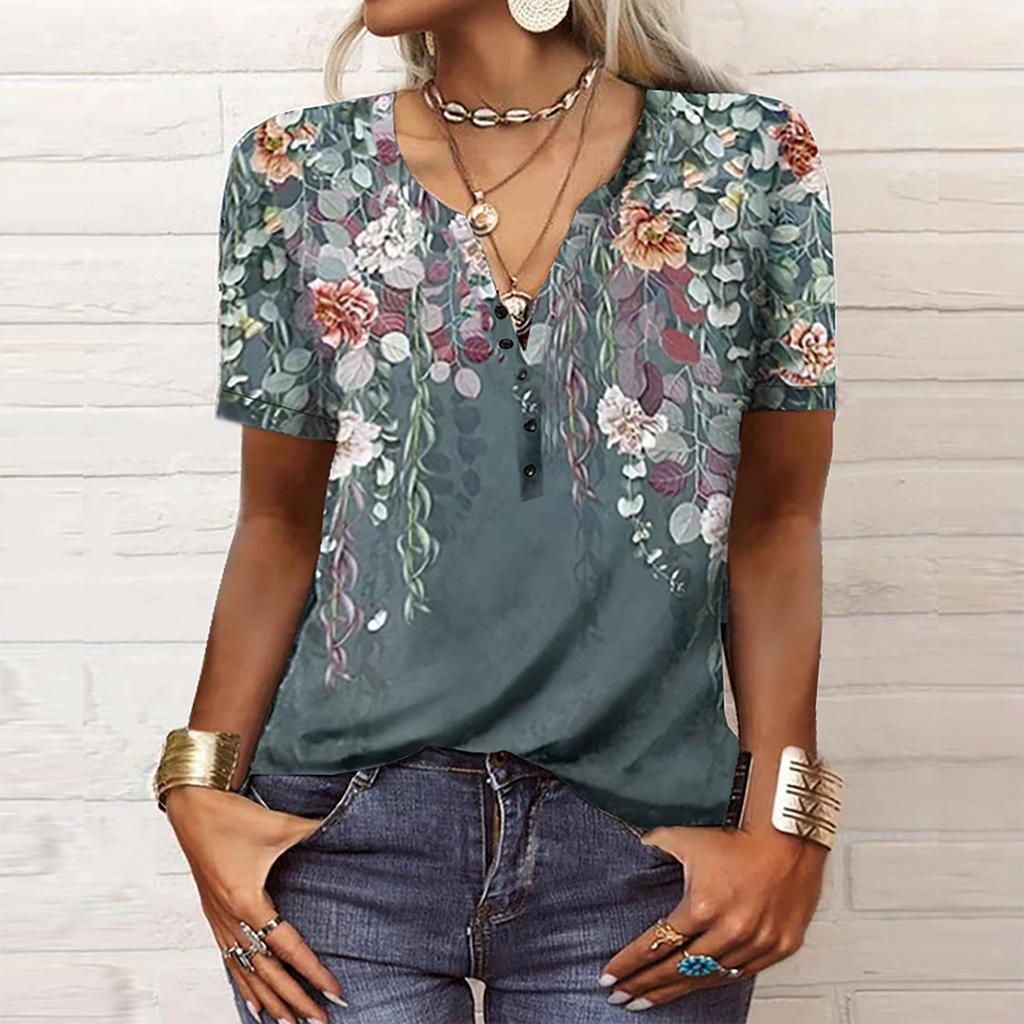 Women's Fashion Casual V-neck Short Seeve Ethnic Printing Button Loose Top