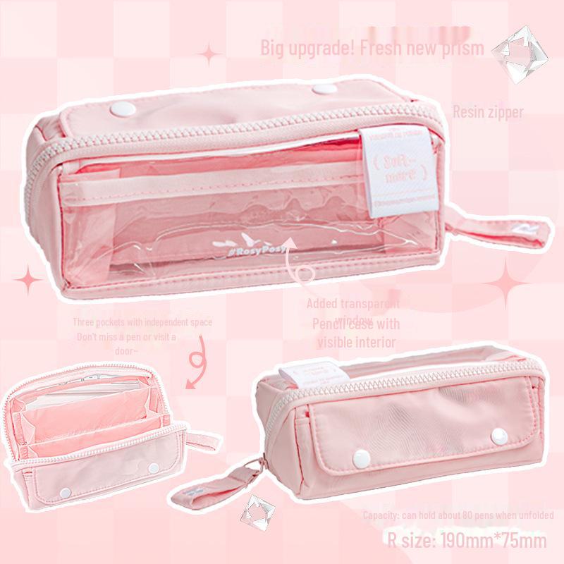 RosyPosy Korean Creative Large Capacity Prism Pencil Case - Transparent with Zipper for Students