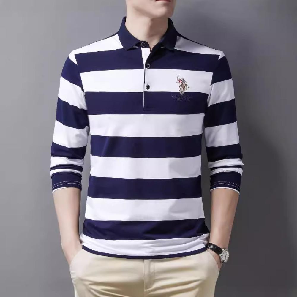 Men's Autumn New Long-sleeved T-shirt Men's Casual Korean Version Trendy Lapel Striped Business Polo Shirt Top