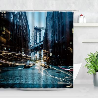 Rideaux de Douche Imprimé Paysage Urbain Américain New York Illustration Bâtiment Moderne Rideaux de Bain Décoration d'Intérieur Écran avec Crochets