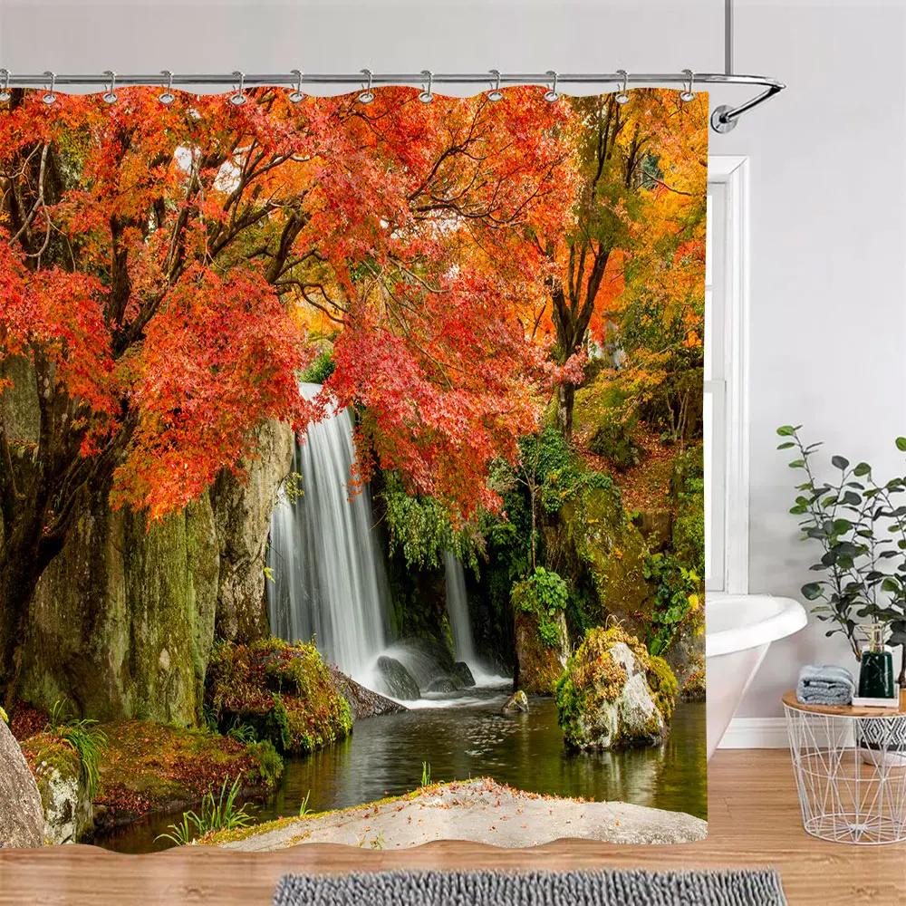 Beautiful Autumn Landscape Shower Curtain Forest Lake Fire Red Golden Leaves Nature Landscape Fabric Bath Curtain Bathroom Decor 90x180cm