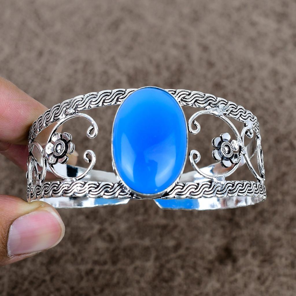 Blue Chalcedony Gemstone 925 Sterling Silver Cuff Bangle Adjustable KKG-1049