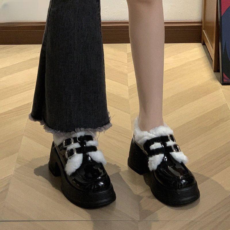 Fleece platform small leather shoes women's 2025 new autumn and winter warm college style muffin single shoes British loafer cotton shoes