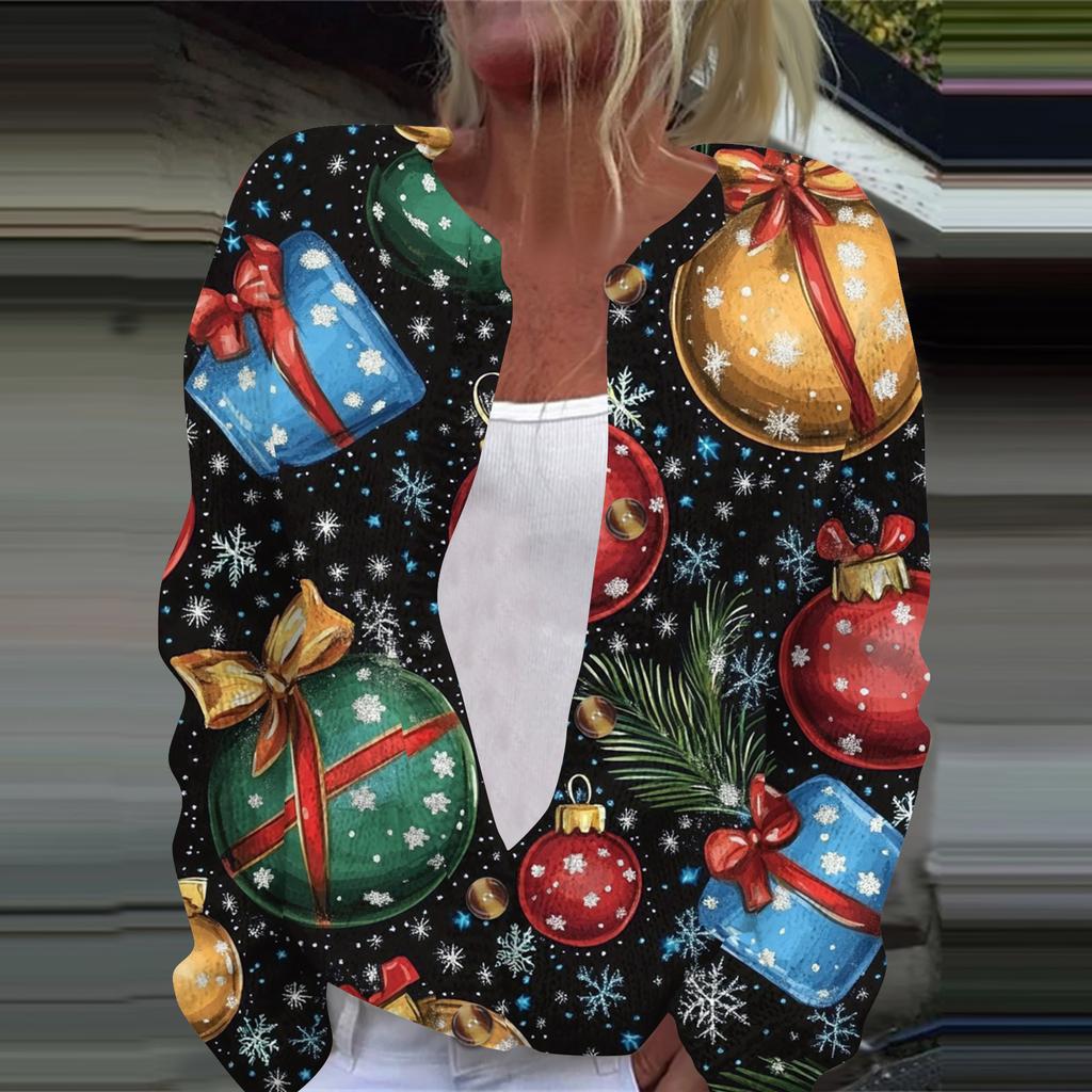 Women's Fashion Printed Long Sleeve Knitted Cardigan Button Down Jacket