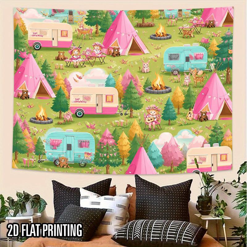 2D Flat, 1pc Girls Pink Tents & Campfire Tapestry - Horizontal Forest Camping Wall Hanging Suitable for, Room Decor, Themed Parties, Weddings, Birthda
