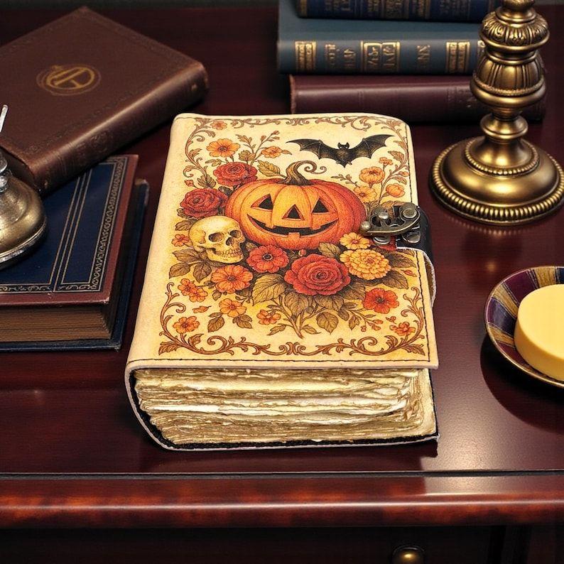 `Handmade Halloween Pumpkin Leather Journal | Floral Witchy Grimoire Notebook | Vintage Notebook with Lock Closure