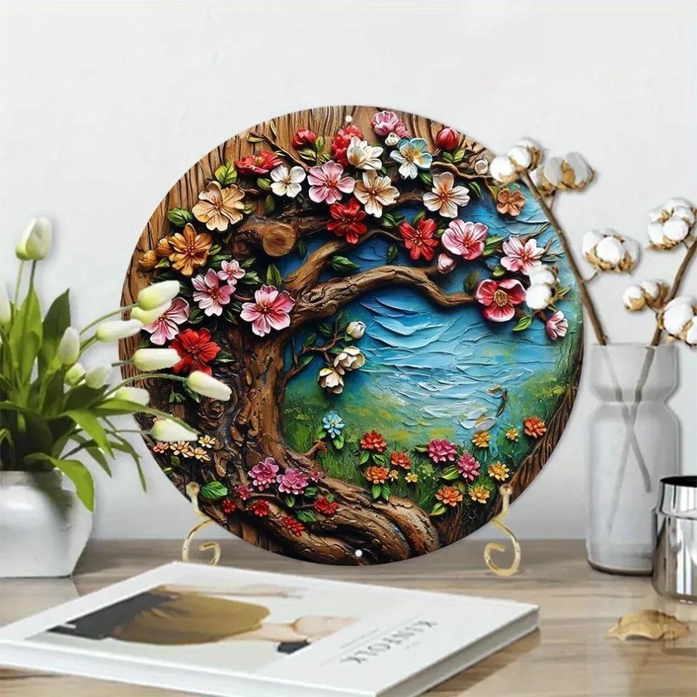 Hisun Tin Sign Vintage D Effect Blossom Tree Round Tin Sign Retro Floral Nature Themed Metal Wall Art Plaque Waterproof Rustic Iron Painting