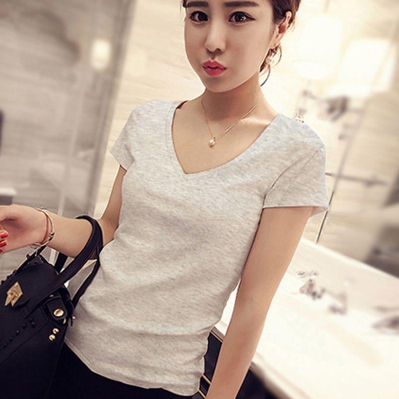 

Women s V-neck Short-Sleeved Cotton Slim Top Thin T-shirt V Neck Gray XXL