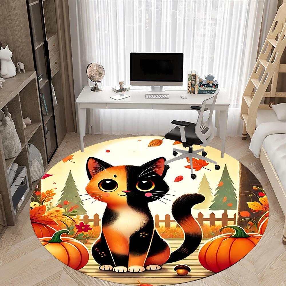 1pc Autumn Cat Office Round Area Rug,  Mat Suitable ForOffice, Under Office Chairs Bedroom Living Room Home Decor, Room Deco