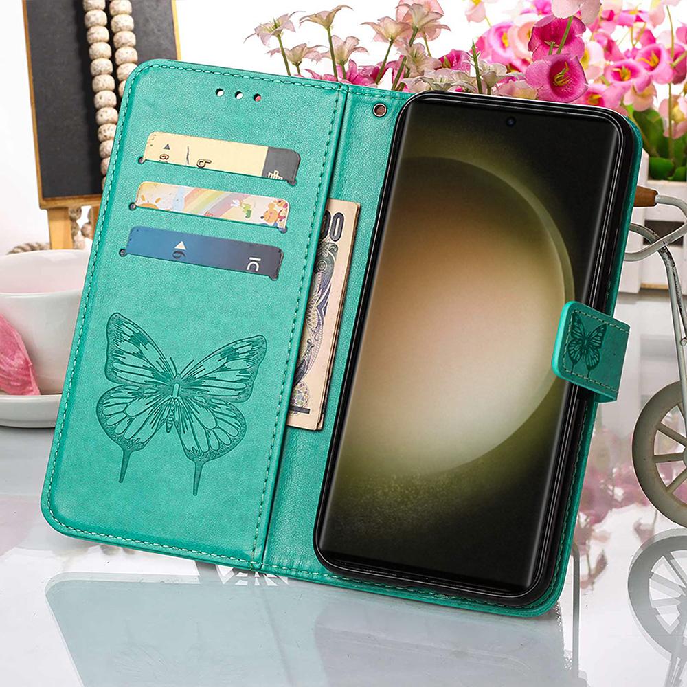 For Samsung Galaxy S24 Ultra Wallet Case with Wrist Strap Butterfly Imprint Leather Phone Cover