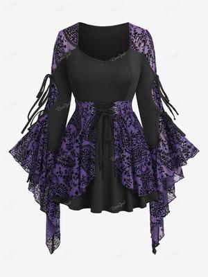 Rosegal Gothic Bağcıklı Geniş Kollu Çiçekli Asma Paisley File Flocking Bağcıklı Katmanlı Patchwork 2'si 1 Arada Bluz