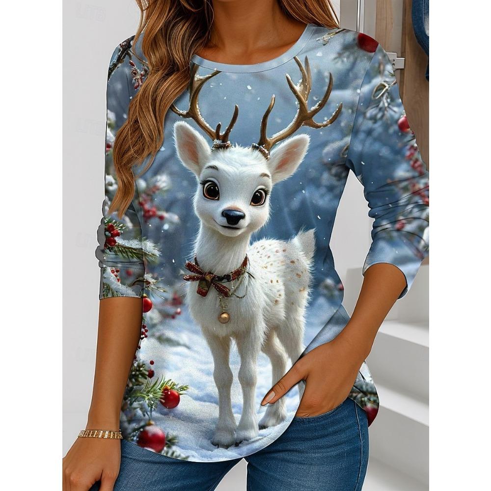 Women's Santa Claus Printed Christmas Theme Crew Neck Long Sleeve T-shirt Casual Comfortable Polyester Christmas Party Pullover