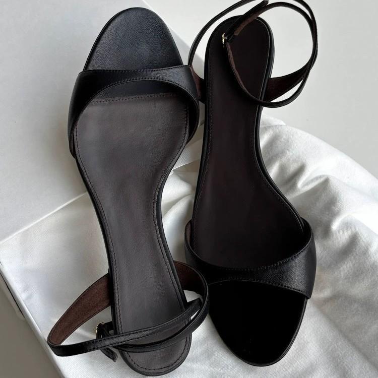 Cowhide Version~ French Kitten Heel Round Head Open Toe One-word Buckle with Sandals Women's 2025 Summer Temperament Stiletto Sandals