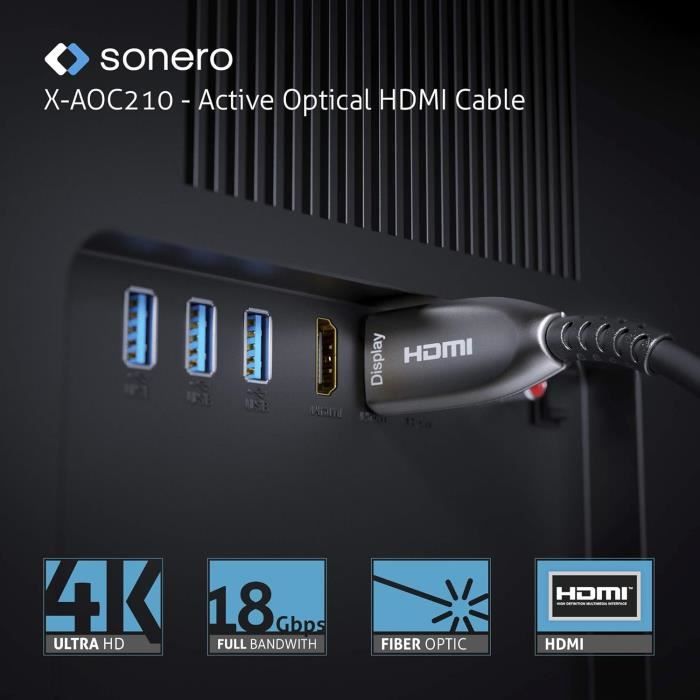 Câble hdmi - sonero - 10m - fibre optique hybride - uhd 2160p - 4k60hz hdr